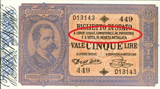 Biglietto di stato, cioè banconota di 5 lire del 1882, con la rappresentazione di Umberto I