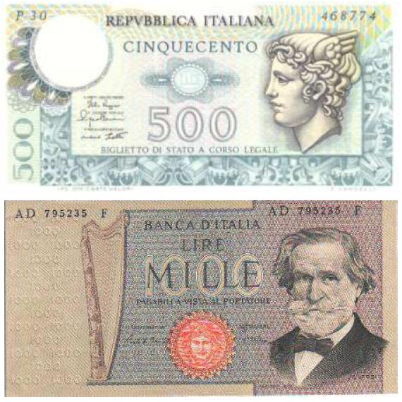 Banconota di 500 lire dello Stato Italiano e 1000 lire di Banca d'Italia