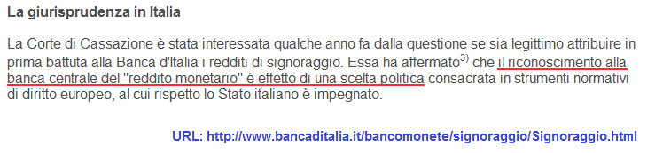 L'affermazione relativa al signoraggio sul sito di Banca d'Italia